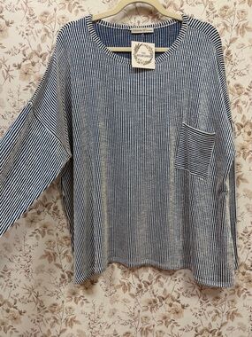 Zenana Outfitters Navy and White Striped Pocket Pullover